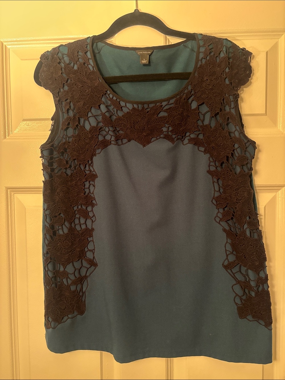 Ann Taylor dark teal top with black Lace Appliqué